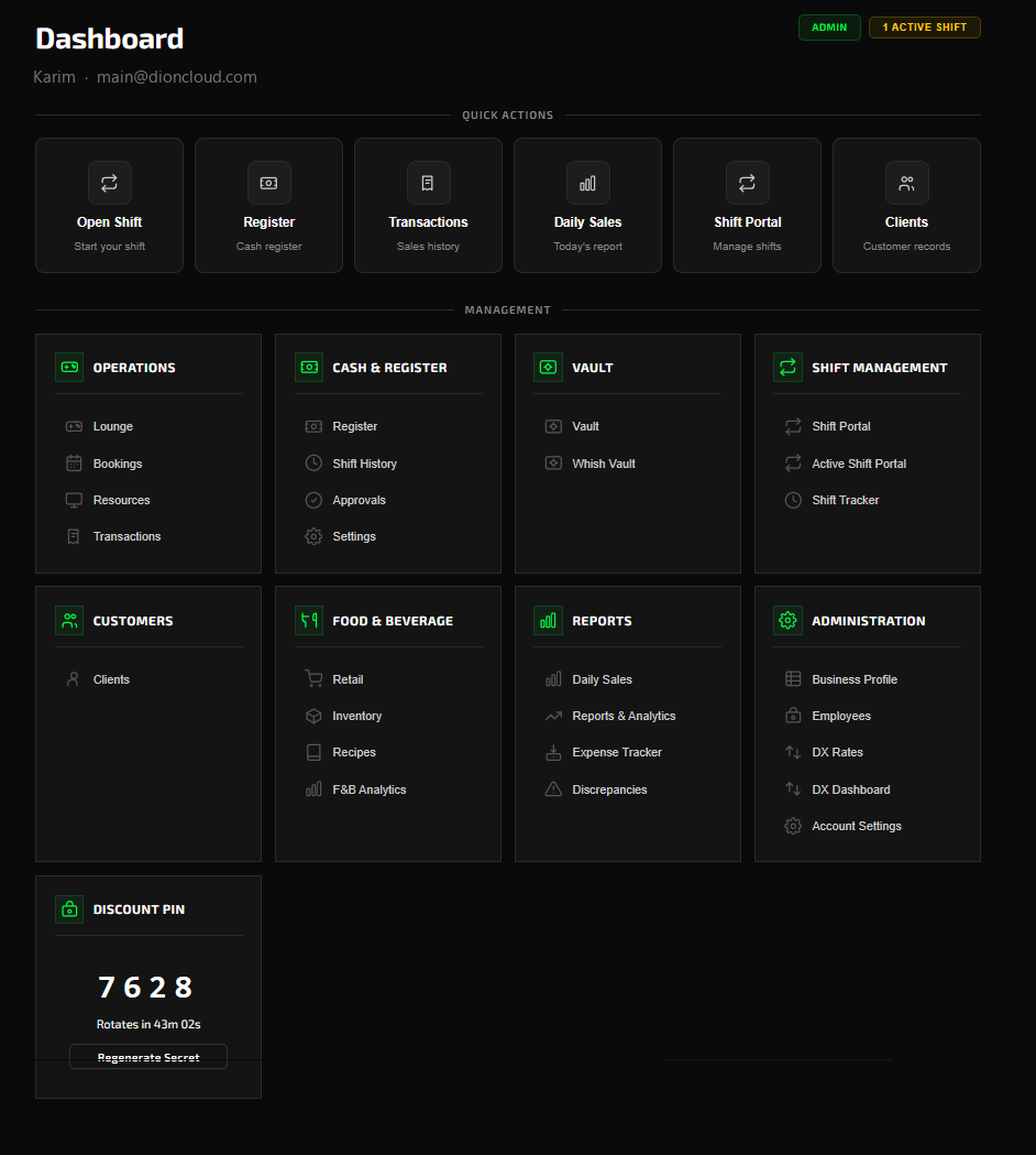 The Dion operator console — shift management, register and cash vault, inventory, food & beverage, reports and staff administration.